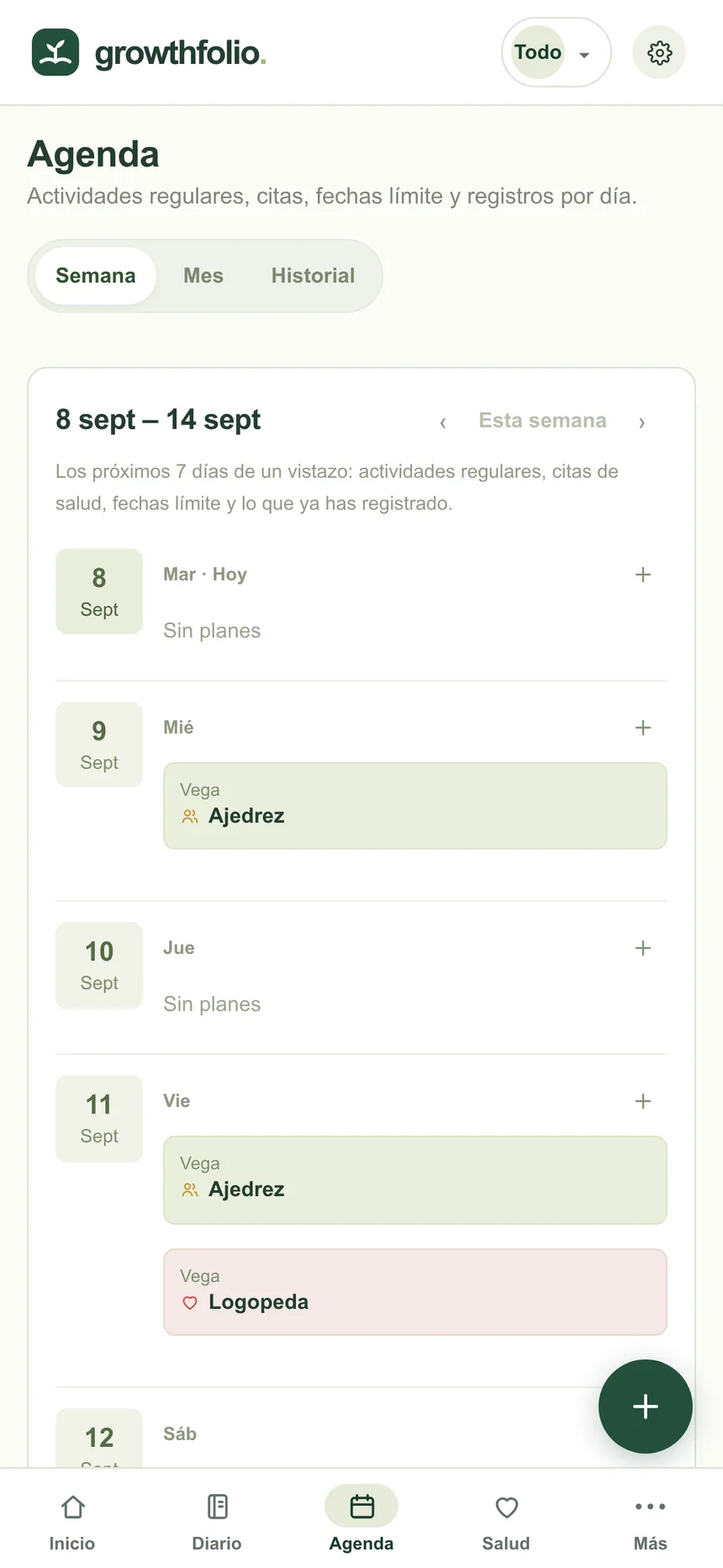Agenda real de Growthfolio con actividades de la semana