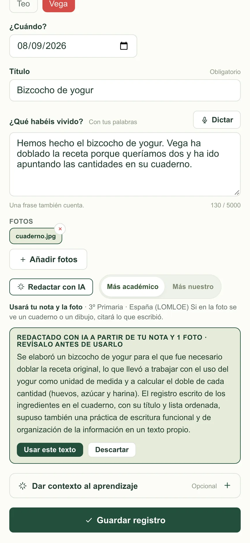 Pantalla real del diario de Growthfolio con dictado por voz y redacción con IA