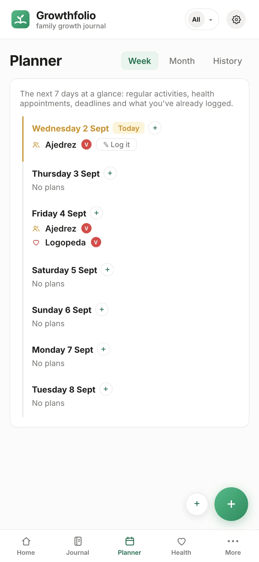 Growthfolio weekly planner