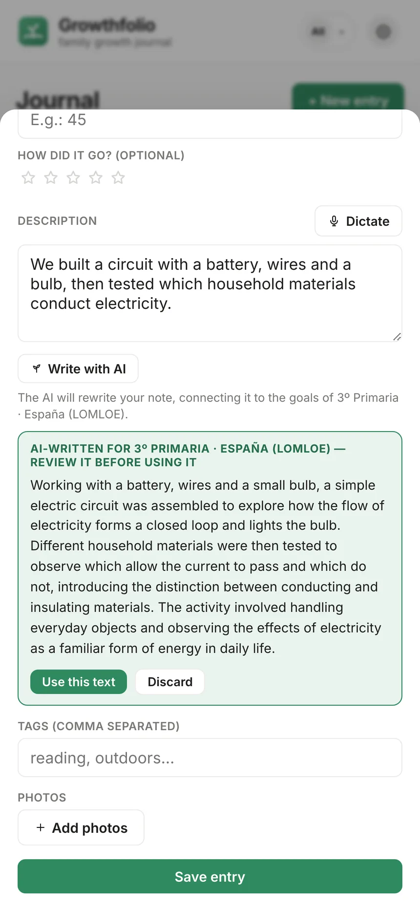 Journal entry with voice dictation and AI suggestion