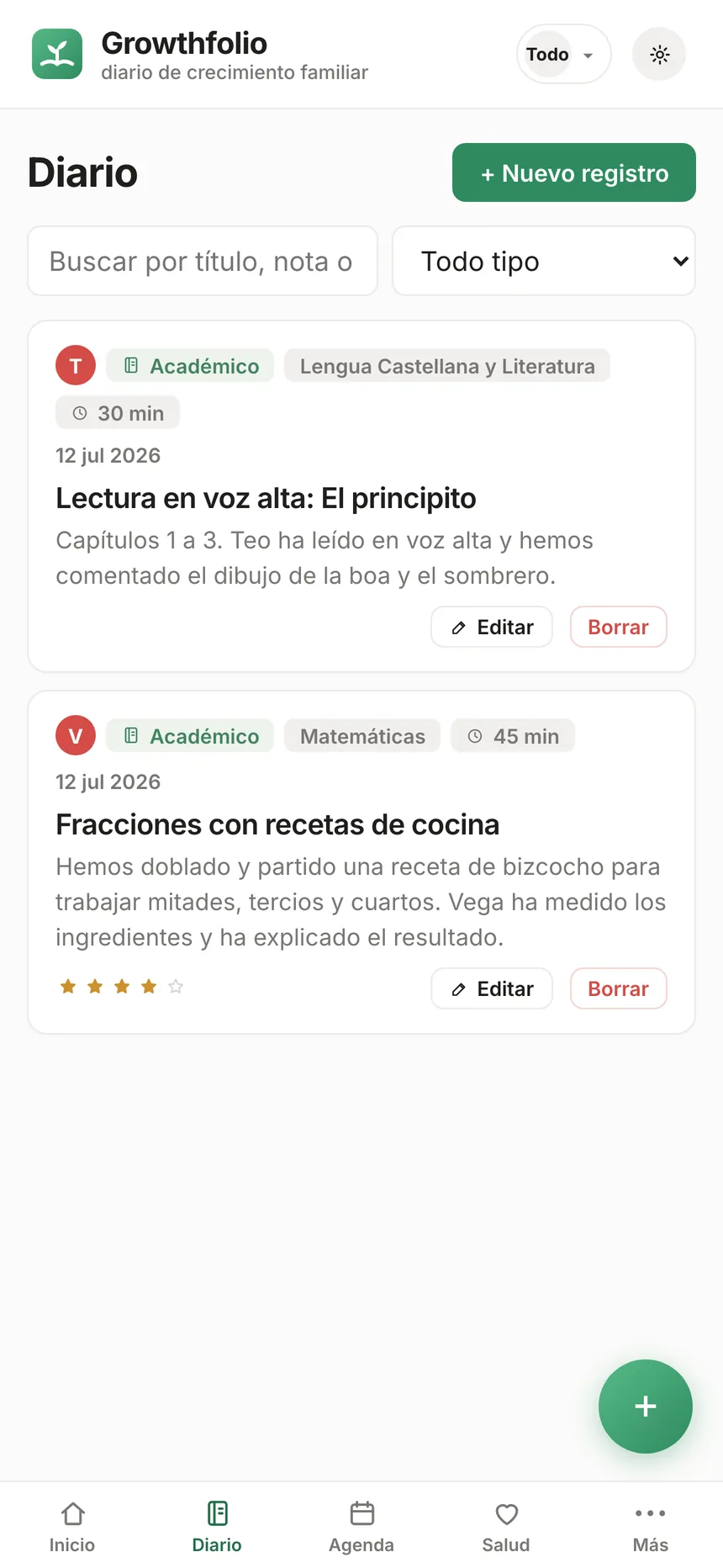 Pantalla del diario de Growthfolio con registros de aprendizaje reales: lectura en voz alta y fracciones con recetas de cocina