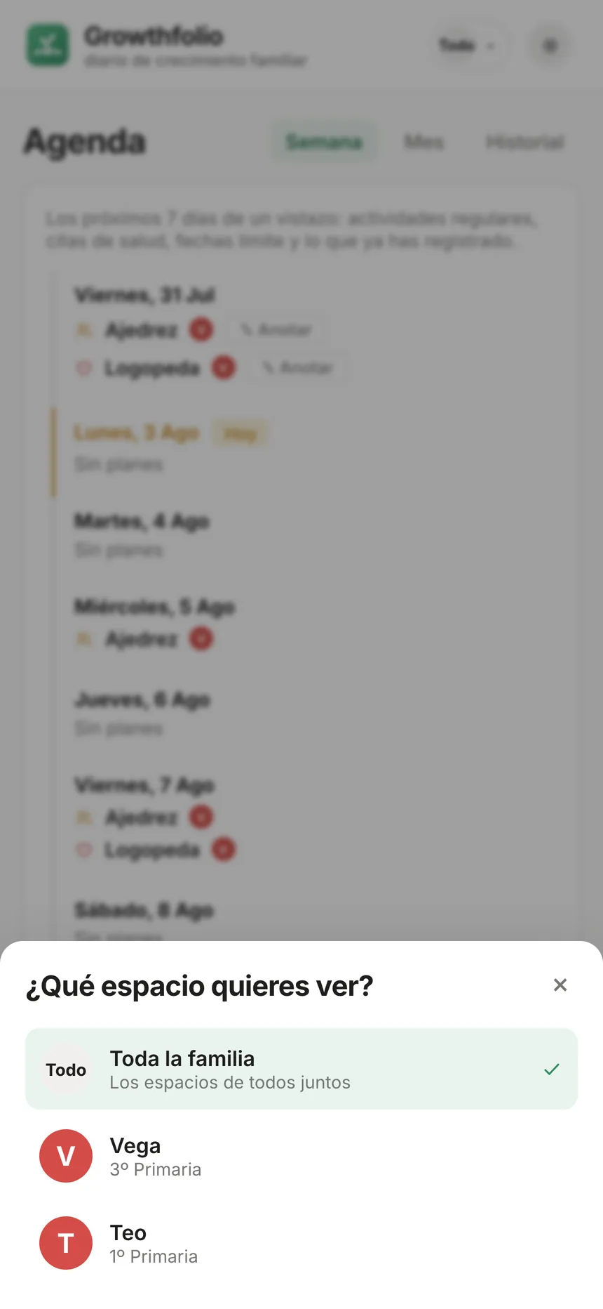 Selector de espacios de Growthfolio: toda la familia o cada peque